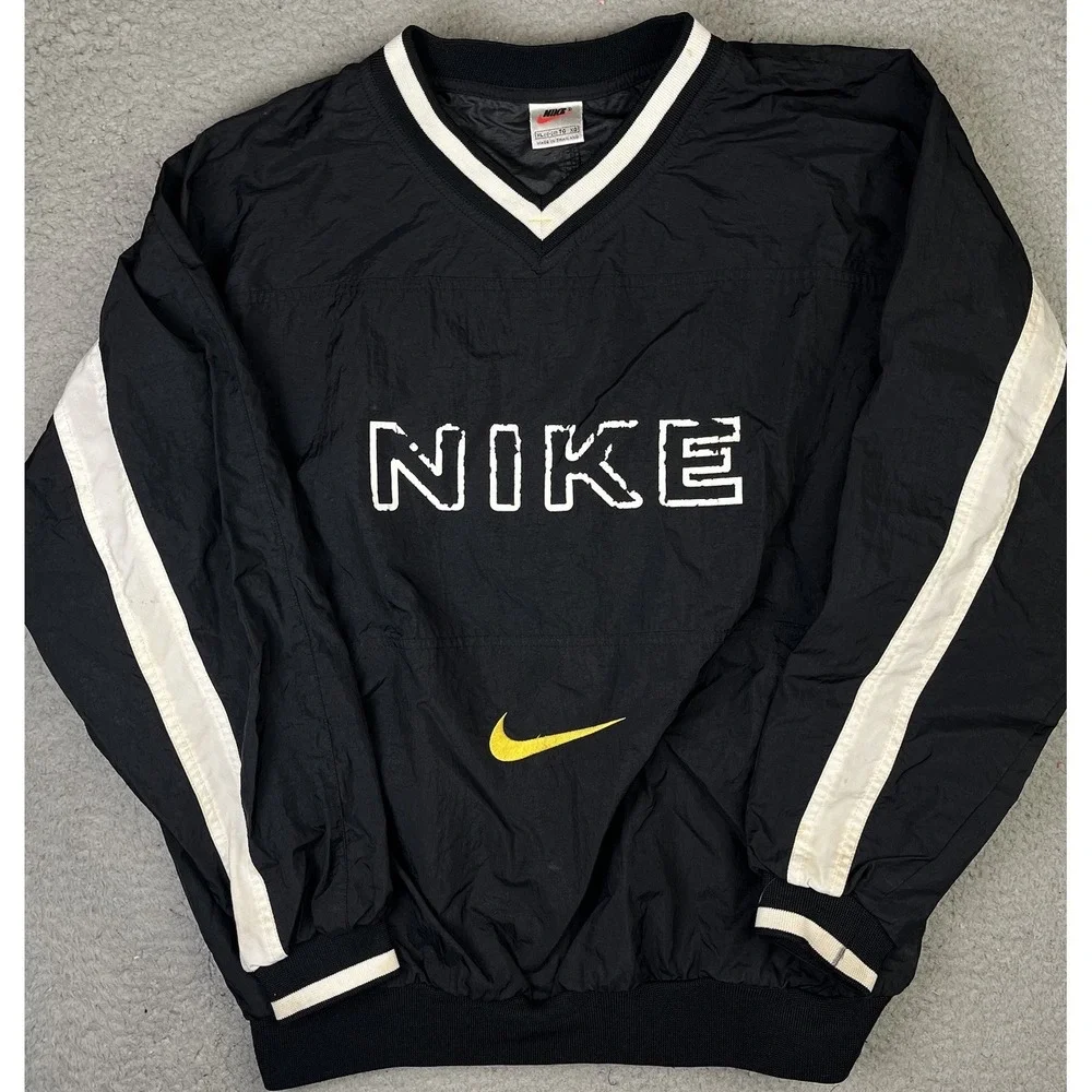 Nike Logo Nylon Pullover Sweatshirt Shirt Black White Vintage 90's Youth XL